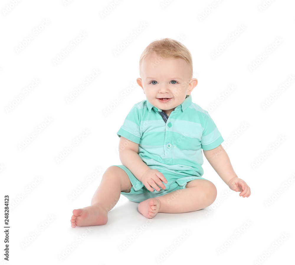 Cute little baby on white background. Crawling time Cute little baby on white background. Crawling time