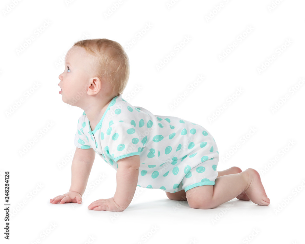 Cute little baby crawling on white background Cute little baby crawling on white background