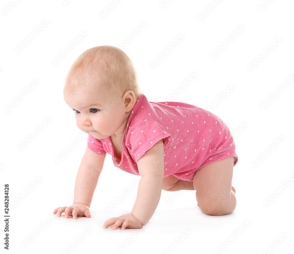 Cute little baby crawling on white background Cute little baby crawling on white background