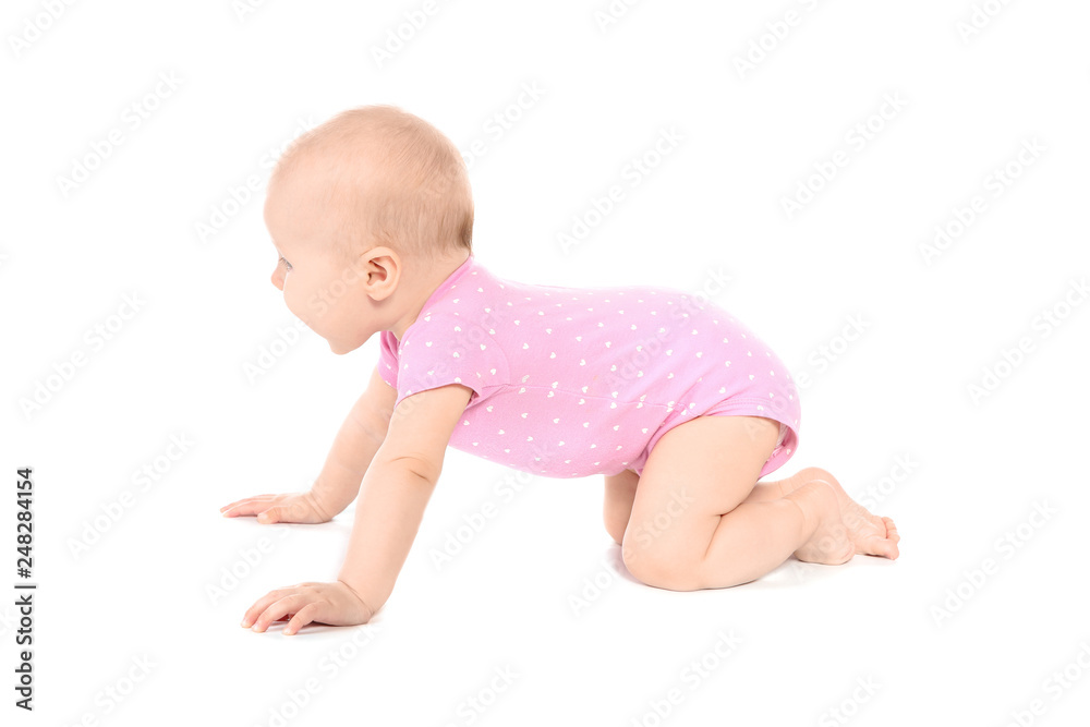 Cute little baby crawling on white background Cute little baby crawling on white background