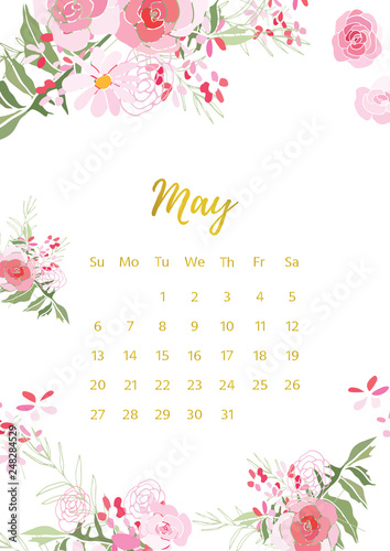 Vintage floral calendar 2018 with bouquet of flowers. Vector illustration.