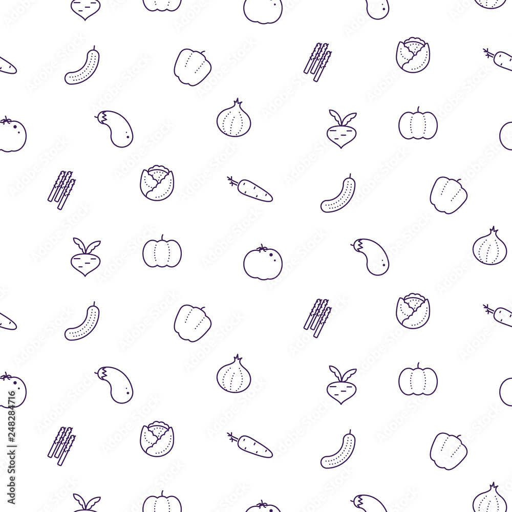 Vegetable icon seamless vector pattern. Food icons background. Stock Vector