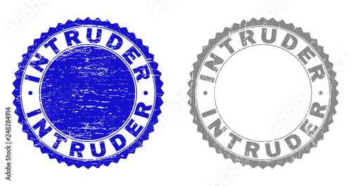 Grunge INTRUDER stamp seals isolated on a white background. Rosette seals with grunge texture in blue and gray colors. Vector rubber overlay of INTRUDER tag inside round rosette.