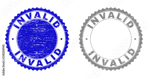 Grunge INVALID stamp seals isolated on a white background. Rosette seals with grunge texture in blue and gray colors. Vector rubber stamp imitation of INVALID title inside round rosette.