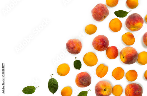 Fresh orange apricots  peaches fruits and green leaves on white background with space for text. Top view  flat lay
