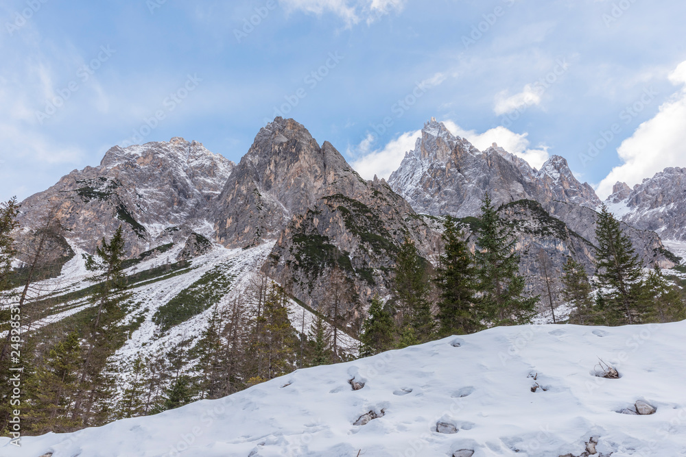 Dolomites. Winter between ice and snow. Tre Scarperi Refuge. On the way to the Tre Cime di Lavaredo Dolomites. Winter between ice and snow. Tre Scarperi Refuge. On the way to the Tre Cime di Lavaredo
