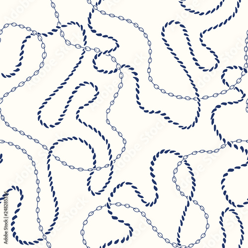 Hand-Drawn Intertwining Nautical Rope, Chains Vector Seamless Pattern. Monochrome Blue Marine Background