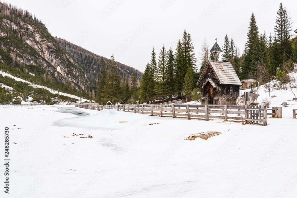 Dolomites. Winter between ice and snow. Tre Scarperi Refuge. On the way to the Tre Cime di Lavaredo Dolomites. Winter between ice and snow. Tre Scarperi Refuge. On the way to the Tre Cime di Lavaredo