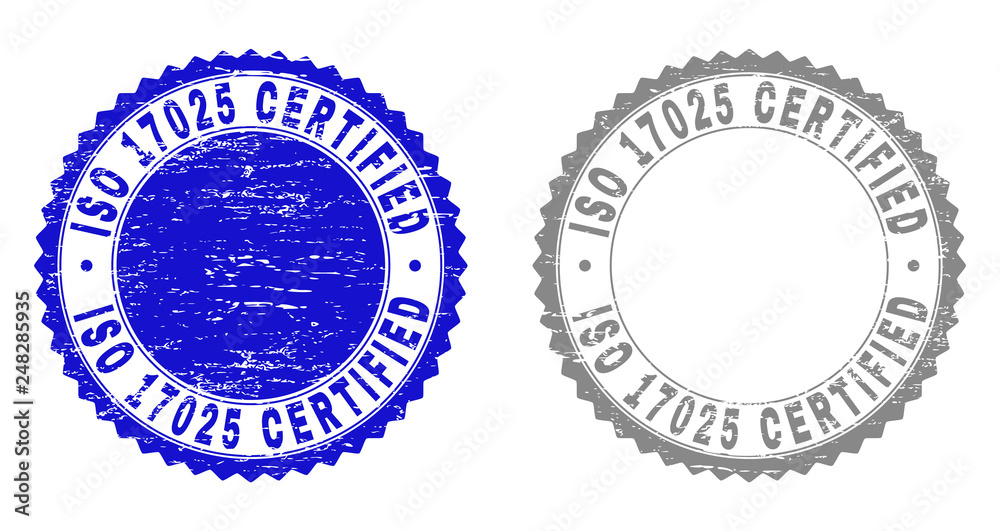 Grunge ISO 17025 CERTIFIED stamp seals isolated on a white background. Rosette seals with grunge texture in blue and gray colors.