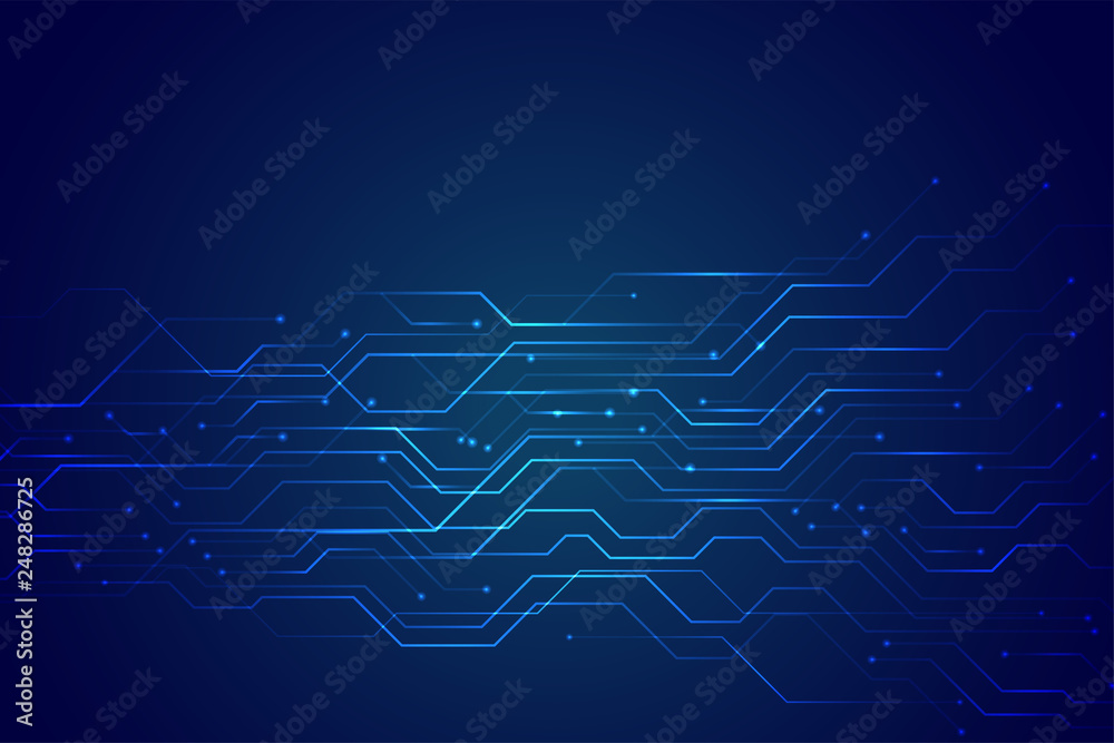 Obraz premium blue technology circuit diagram with glowing line lights