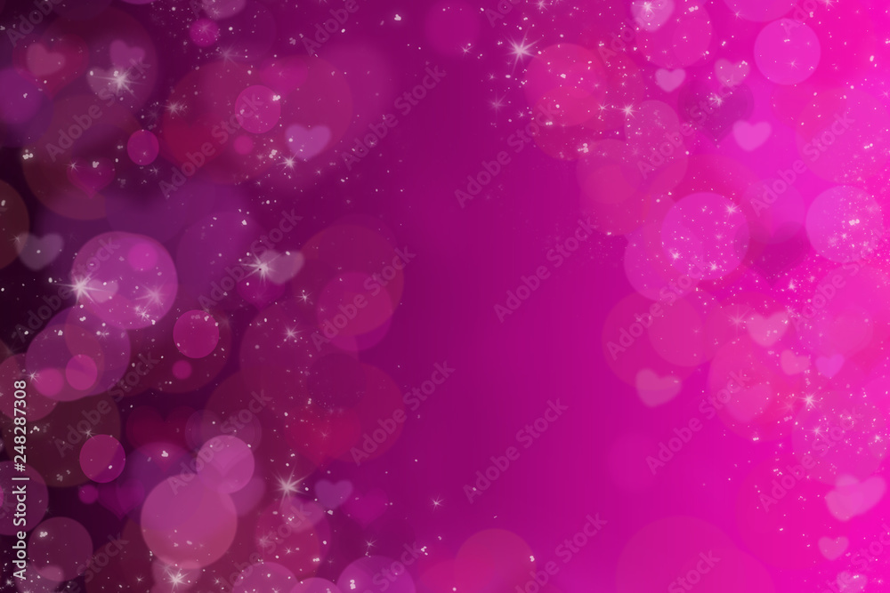 Abstract background in pink and purple tones. Bokeh and sparkling effects. Hearts. St. Valentine's day greetings postcard. Lover's day.