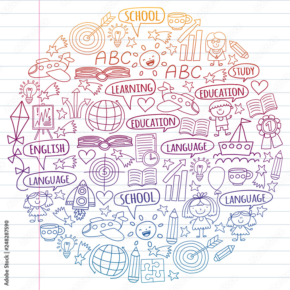 Vector set of learning English language, children's drawingicons in doodle style. Painted, colorful, gradient on a piece of linear paper on white background.