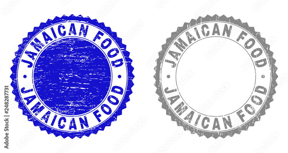 Grunge JAMAICAN FOOD stamp seals isolated on a white background