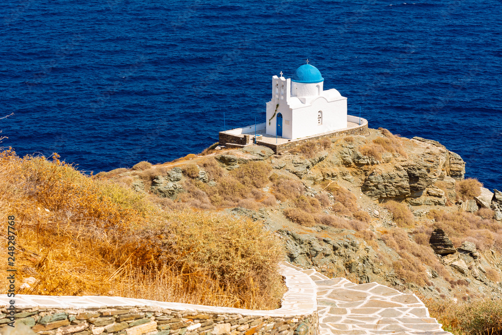 The Church of Seven Martyrs in Sifnos built on a cliff in Kastro the old capital of island. Greece