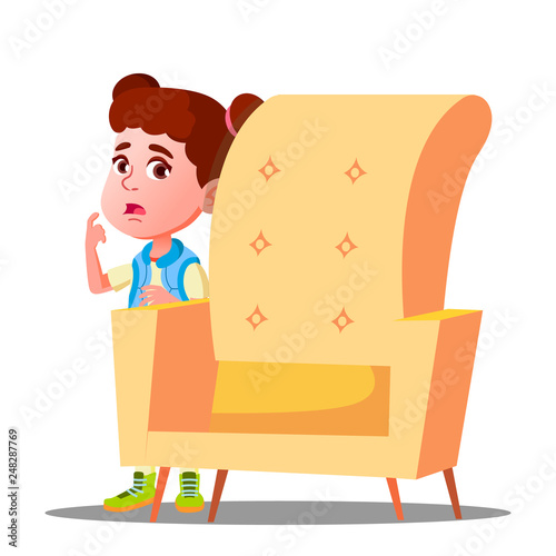 Frightened Little Girl Looks Out From Behind The Armchair Vector. Isolated Illustration