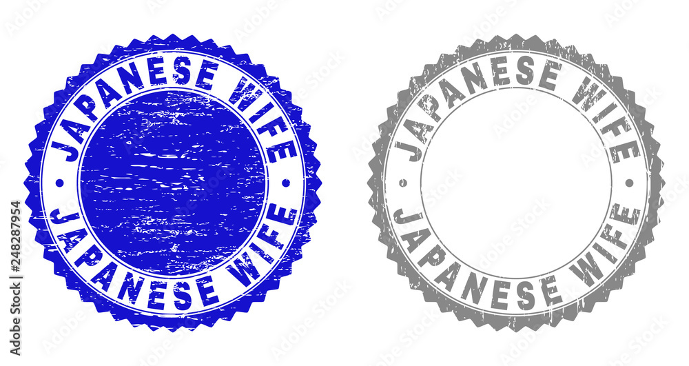 Grunge JAPANESE WIFE stamp seals isolated on a white background. Rosette seals with grunge texture in blue and grey colors. Vector rubber watermark of JAPANESE WIFE title inside round rosette. Grunge JAPANESE WIFE stamp seals isolated on a white background. Rosette seals with grunge texture in blue and grey colors. Vector rubber watermark of JAPANESE WIFE title inside round rosette.