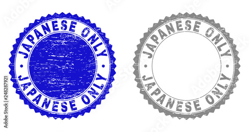 Grunge JAPANESE ONLY stamp seals isolated on a white background. Rosette seals with distress texture in blue and gray colors. Vector rubber stamp imprint of JAPANESE ONLY text inside round rosette.