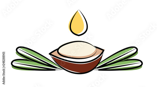 Argan Oil Fruit with oil drop, bordered by leaves