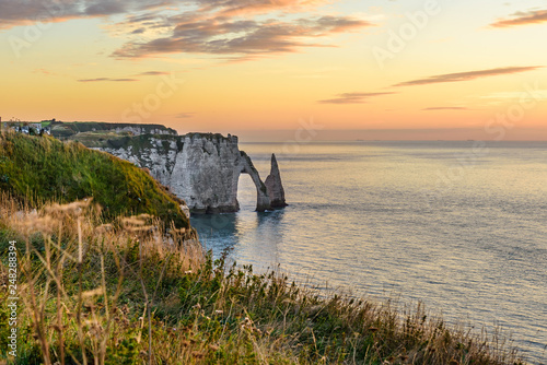 Beautiful view of cliffs Aval of Etretat and beautiful famous coastline ,Normandy, France, Europe