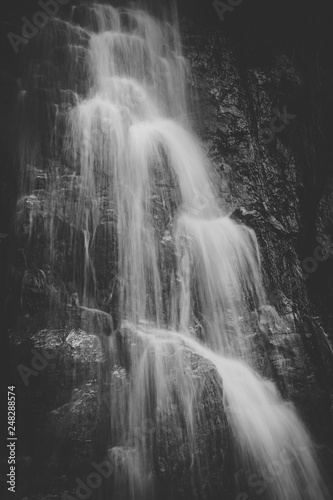 Close up image of a waterfall on rocks captured with a slow shutterspeed
