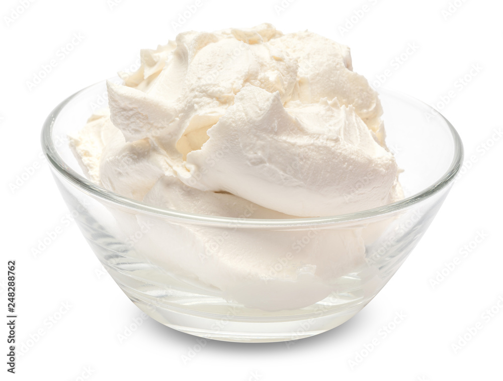 Traditional Mascarpone cheese in glass bowl isolated on white with clipping path Traditional Mascarpone cheese in glass bowl isolated on white with clipping path