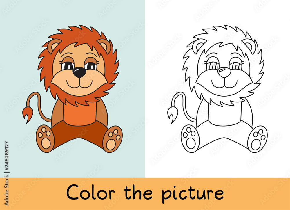 Coloring book. Lion. Cartoon animall. Kids game. Color picture. Learning by  playing. Task for children Stock Vector | Adobe Stock