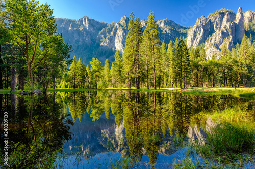 Cathedral Rocks reflecting in Merced River at Yosemite