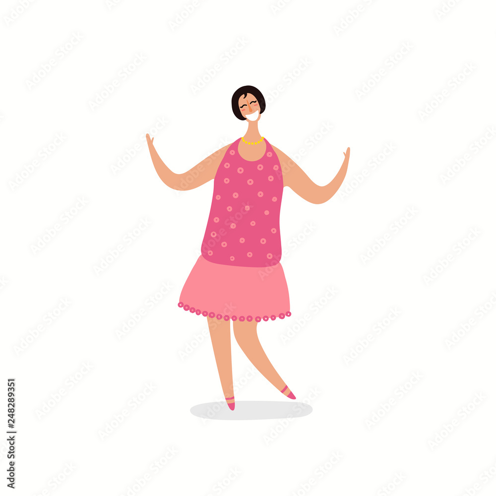 Hand drawn vector illustration of a happy woman dancing. Isolated objects on white background. Flat style design. Concept, element for feminism, womens day card, poster, banner. Hand drawn vector illustration of a happy woman dancing. Isolated objects on white background. Flat style design. Concept, element for feminism, womens day card, poster, banner.