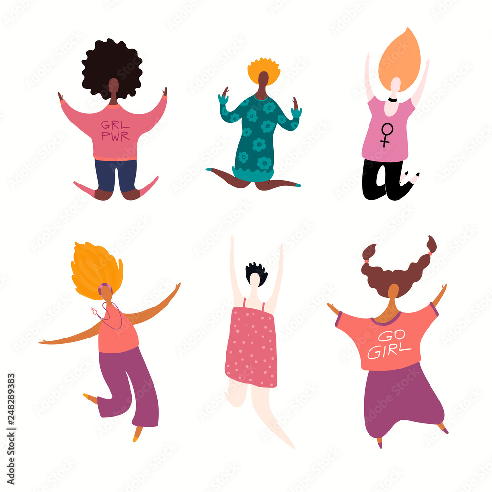 Fototapeta premium Set of diverse jumping women. Isolated objects on white background. Hand drawn vector illustration. Flat style design. Concept, element for feminism, girl power, womens day card, poster, banner.