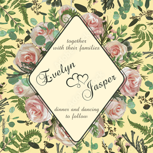 Wedding vertical floral invitation, invite card. Vector watercolor set green forest fern, herbs, flowers, brunia, eucalyptus, branches boxwood, buxus, chamaelaucium and pink rose