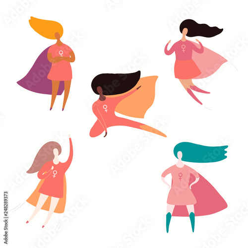 Set of diverse women superheroes. Isolated objects on white background. Hand drawn vector illustration. Flat style design. Concept, element for feminism, girl power, womens day card, poster, banner.