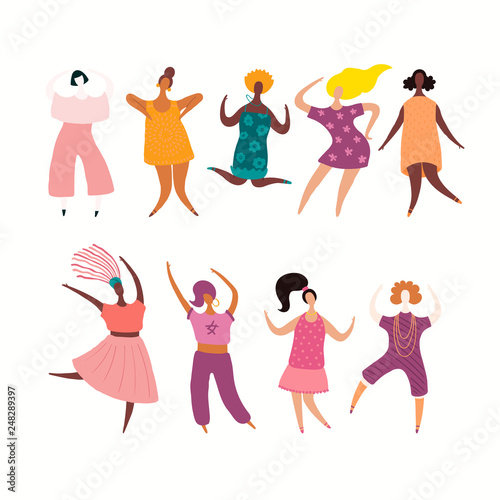 Set of diverse dancing women. Isolated objects on white background. Hand drawn vector illustration. Flat style design. Concept, element for feminism, girl power, womens day card, poster, banner.