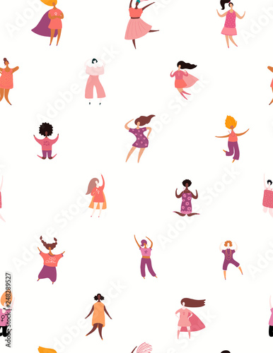 Hand drawn seamless pattern with diverse women. Vector illustration. Flat style design. Concept, element for feminism, womens day card, poster, banner, textile print, wallpaper, packaging background