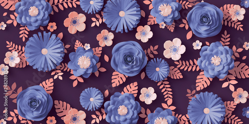 Fotografie Paper floral background, artificial papercraft flowers pattern