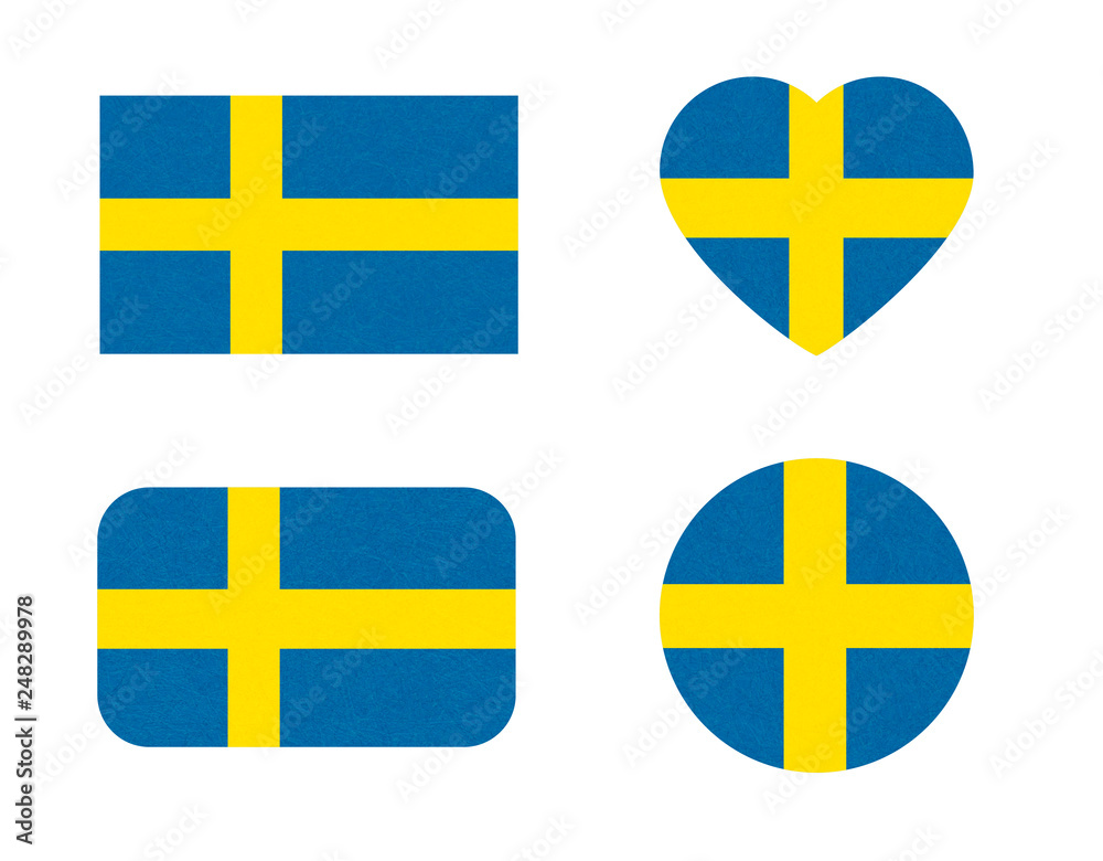 Obraz premium Sweden flag in different shapes, Stockholm. Scandinavian country. Swedish banners with scratched texture, grunge. Illustration with noise, marble textured background. Horizontal orientation. Isolated.