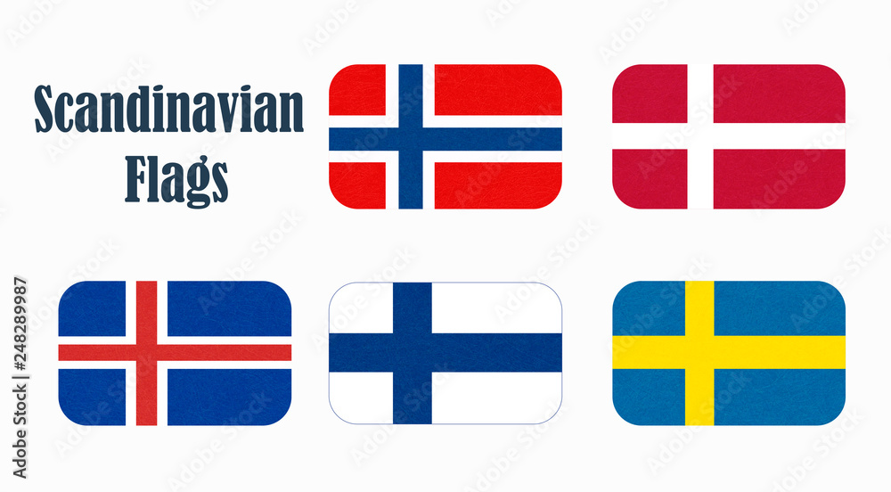 Obraz premium Flags of Scandinavia. Scandinavian northern states. Isolated button with scratched texture, grunge. Illustration with marble textured background. Nordic countries banners icons.