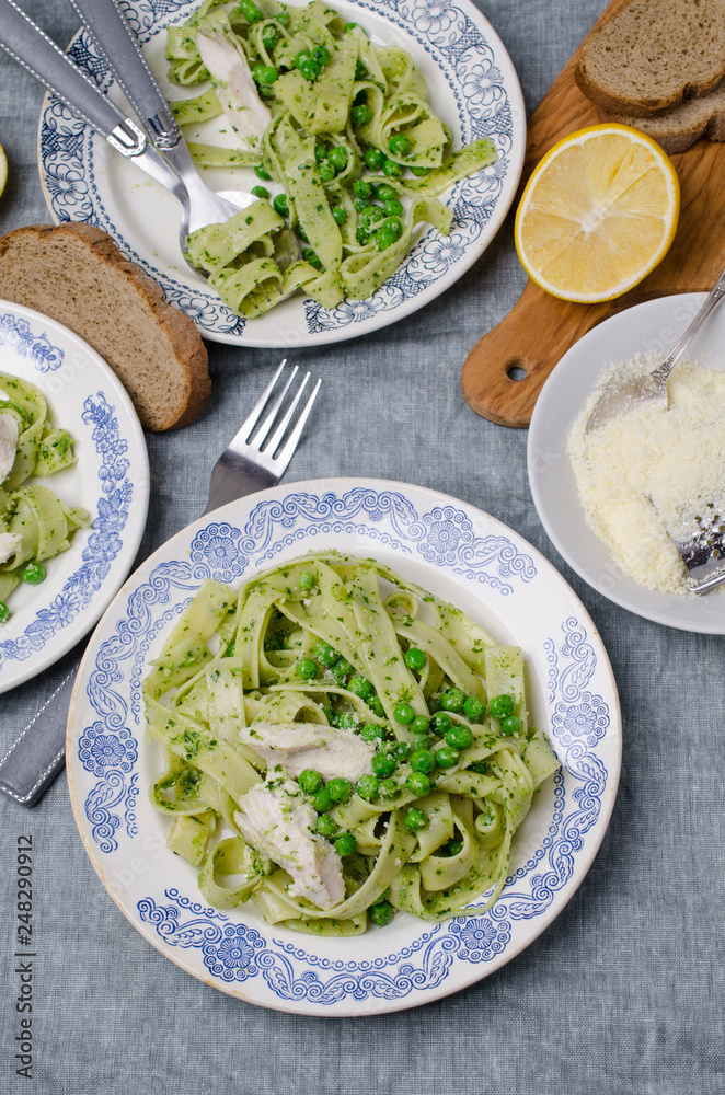 Fettuccine pasta with meat slices Fettuccine pasta with meat slices