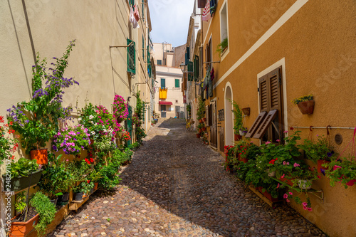 Narrow medieval streets of Alghero. Sardinia  Italy