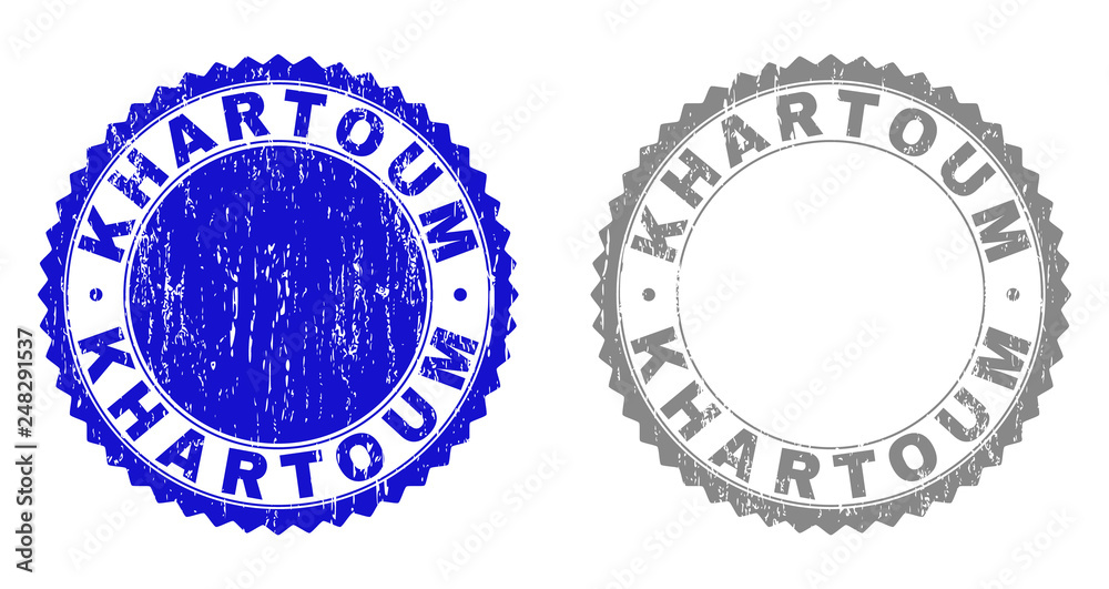 Grunge KHARTOUM stamp seals isolated on a white background. Rosette seals with grunge texture in blue and gray colors. Vector rubber stamp imprint of KHARTOUM tag inside round rosette.