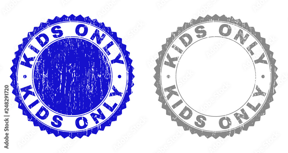 Grunge KIDS ONLY stamp seals isolated on a white background. Rosette seals with grunge texture in blue and gray colors. Vector rubber stamp imprint of KIDS ONLY title inside round rosette. Grunge KIDS ONLY stamp seals isolated on a white background. Rosette seals with grunge texture in blue and gray colors. Vector rubber stamp imprint of KIDS ONLY title inside round rosette.