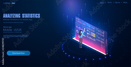 Girl analyze diorams and graphics. Data visualization concept.Futuristic analysis trends and financial strategy by using infographic chart.  Vector concept illustration 