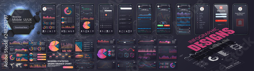 Different UI, UX, GUI mobile screens modern infographic. Diagram template and chart graph. Flat web icons for mobile apps, responsive website including. Web design and mobile template. Stock vector