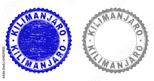 Grunge KILIMANJARO stamp seals isolated on a white background. Rosette seals with grunge texture in blue and grey colors. Vector rubber stamp imprint of KILIMANJARO text inside round rosette.