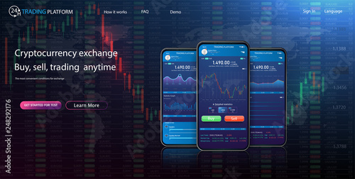 Trade exchange app on phone screen. Mobile banking cryptocurrency ui. Online stock trading interface vector eps 10. Illustration of mobile banking crypto currency, bitcoin