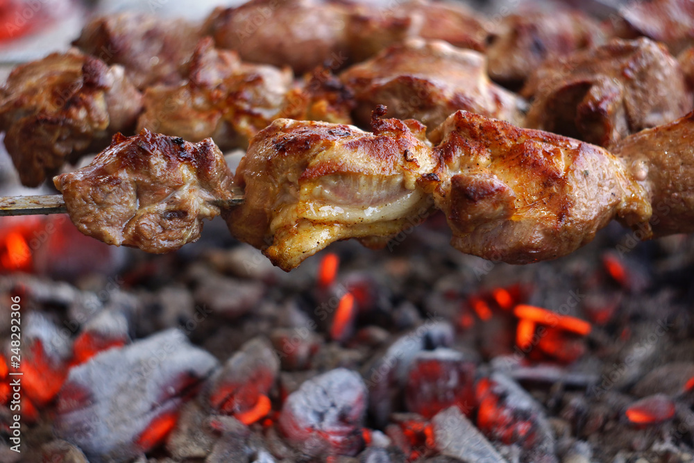 cooking meat over the coals. barbecue. closeup