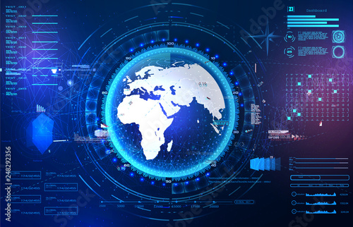 Futuristic screen of the future with the earth element and schedule management in style HUD. UI interface, earth globe, control center, command, game, vector with graphs