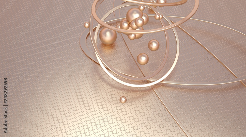 Obraz premium Gold figures on a gold background. Abstract composition of balls and rings. 3D illustration