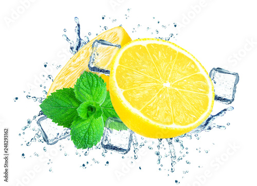 lemon splash water and ice isolated on white