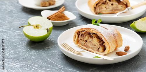 Homemade apple strudel with fresh apples, nuts and powdered sugar. photo