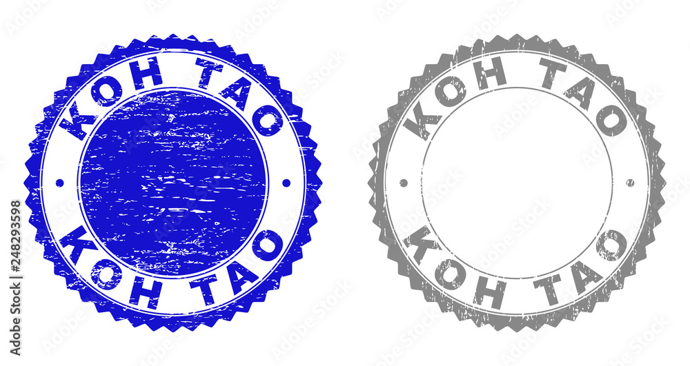 Grunge KOH TAO stamp seals isolated on a white background. Rosette seals with distress texture in blue and gray colors. Vector rubber watermark of KOH TAO caption inside round rosette. Grunge KOH TAO stamp seals isolated on a white background. Rosette seals with distress texture in blue and gray colors. Vector rubber watermark of KOH TAO caption inside round rosette.